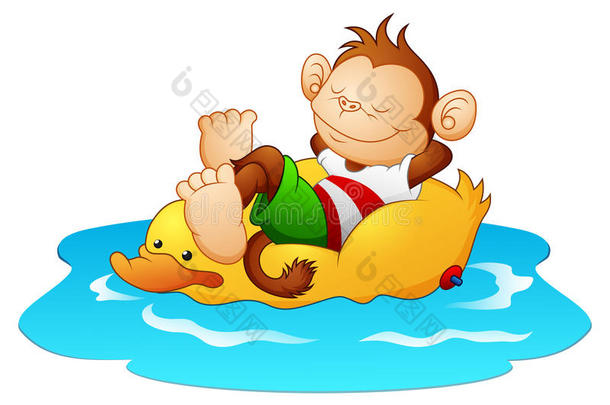 漫画猴令人轻松的向鸭子救生圈采用指已提到的人水