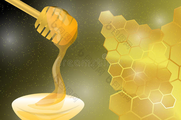 蜂蜜浸渍者和蜂蜜向抽象的金色的明亮的黄色的蜂蜜co