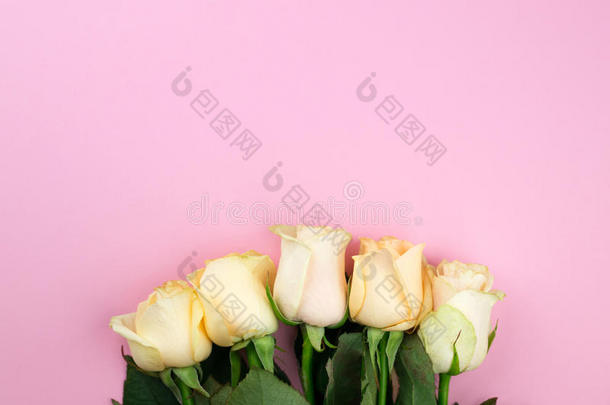 花束关于米黄色玫瑰向粉红色的背景,平的放置,顶看法,英语字母表的第3个字母