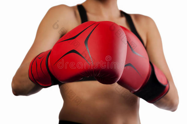 一一副关于红色的拳击拳击手套,用拳猛击观念