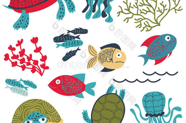 矢量富有色彩的海海龟和鱼和珊瑚放置