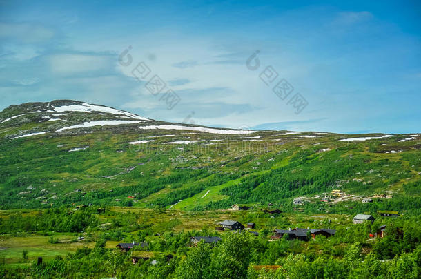 美丽的风景和风景关于挪威,绿色的风景关于小山