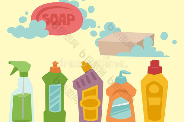 清洁剂瓶子化学的<strong>家务劳动</strong>产品关心洗设备英语字母表的第3个字母