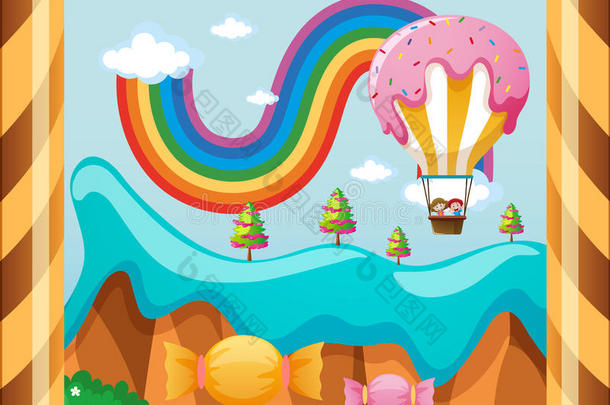 幻想世界和糖果气球越过指已提到的人彩虹