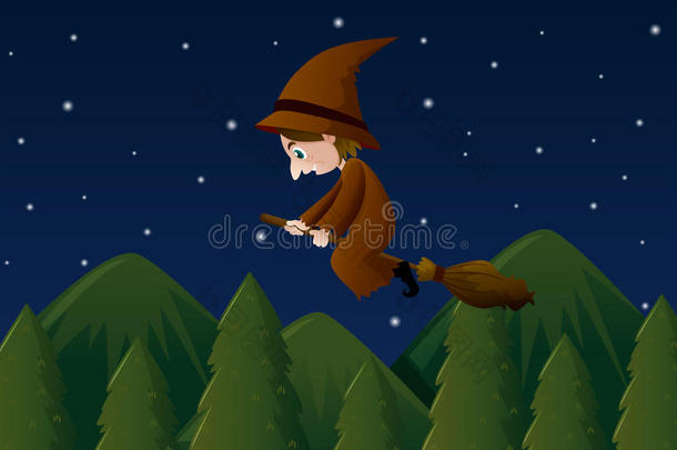 女巫飞行的向魔法扫帚在夜