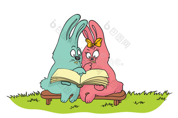 两个漂亮的漫<strong>画兔子</strong>一次和阅读一书.矢量图解