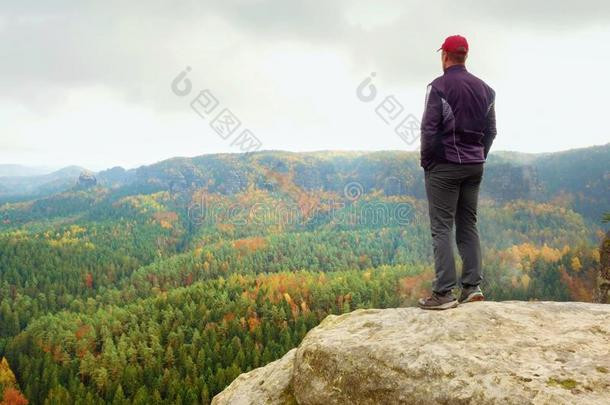 远足者向岩石结果在上面山谷.男人注视越过多雾的和<strong>秋意</strong>盎然