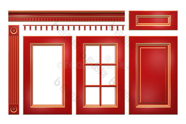 红色的和金门,抽屉,纵队,檐口为厨房内阁