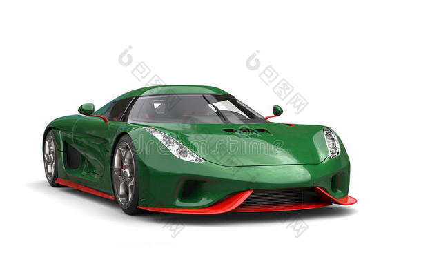 森林绿色的现代的超级跑车和明亮的红色的详细资料