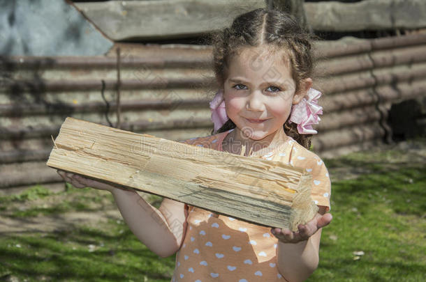 一小的女孩助手向支撑木柴.