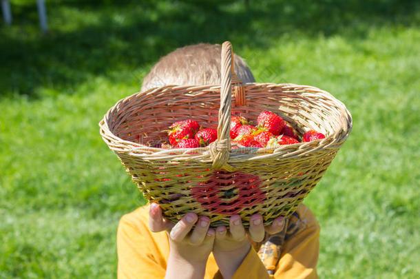 男孩凸起的篮关于草莓