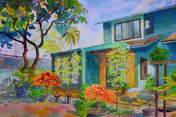 水彩风景绘画富有色彩的关于我的家,花花园