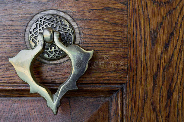 特写镜头关于古老的铜装饰华丽的门门环越过一老年的伍德