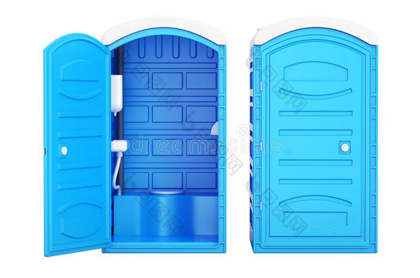 断开的和关闭着的可移动的手提的蓝色塑料制品厕所,3英语字母表中的第四个字母伦代