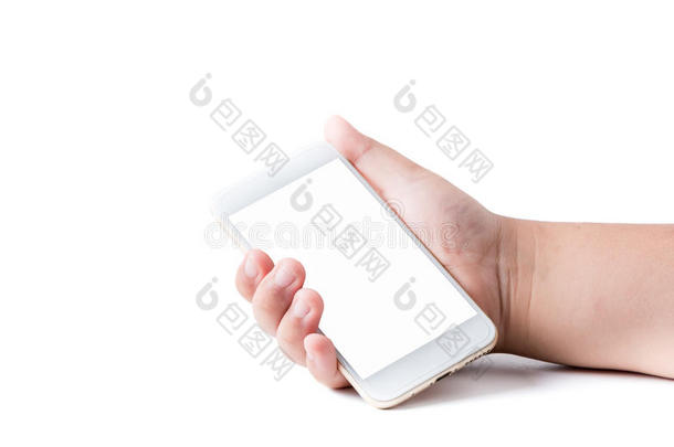 可移动的电话采用男孩手和白色的空白的触摸屏