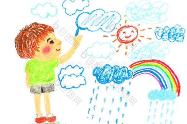 男孩绘画云太阳和彩虹`油<strong>彩色</strong>粉笔说明