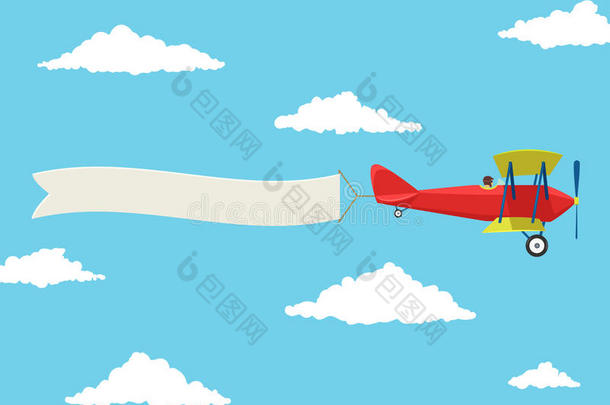 红色的<strong>飞机</strong>和飞行员和广告横幅采用指已提到的人多云的天