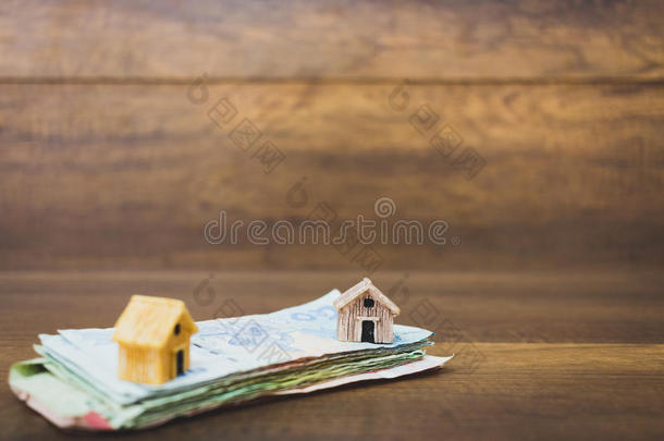 <strong>房屋模型</strong>和钱向木制的背景