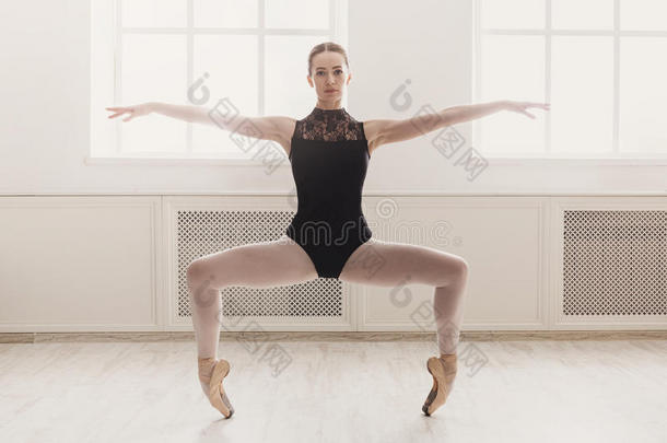 美丽的芭蕾舞女演员看台采用芭蕾舞下蹲位置