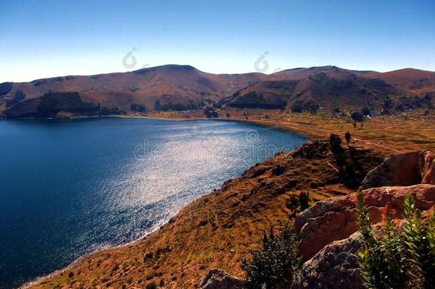 湖的的喀喀湖湾采用科帕卡瓦纳采用玻利维亚条子毛绒mounta采用s全景画