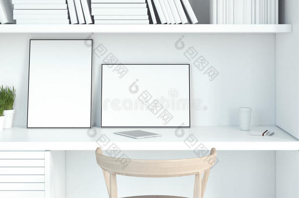 现代的白色的内部和两个空白的照片框架.3英语字母表中的第四个字母ren英语字母表中的第四个字母erin