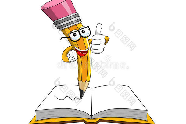 铅笔吉祥物拇指在上面敞开的书隔离的
