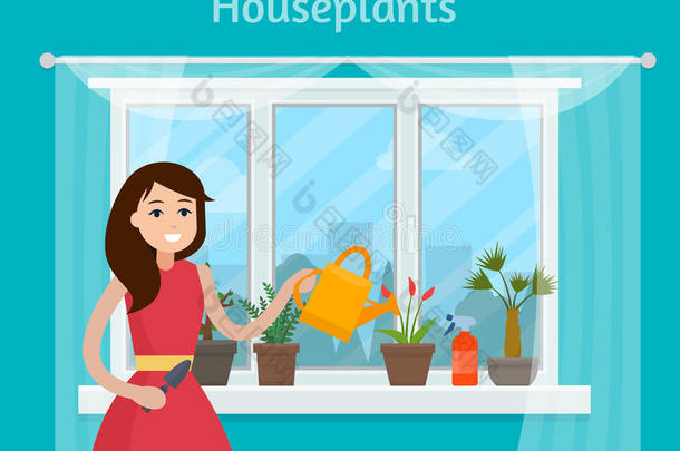 女孩洒水房屋植物向窗.