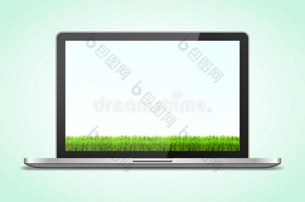 便携式电脑采用现实的方式和阴影和草背景