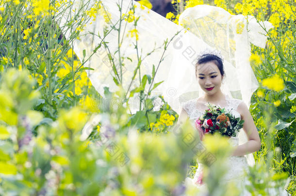 新娘拿住新婚的花束和白色的婚礼衣服采用花int.咄！呸！