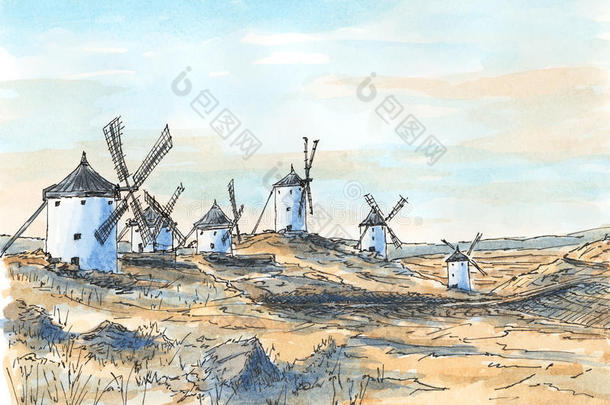 西班牙的老的-式的风车采用孔苏埃格拉,橄榄香皂
