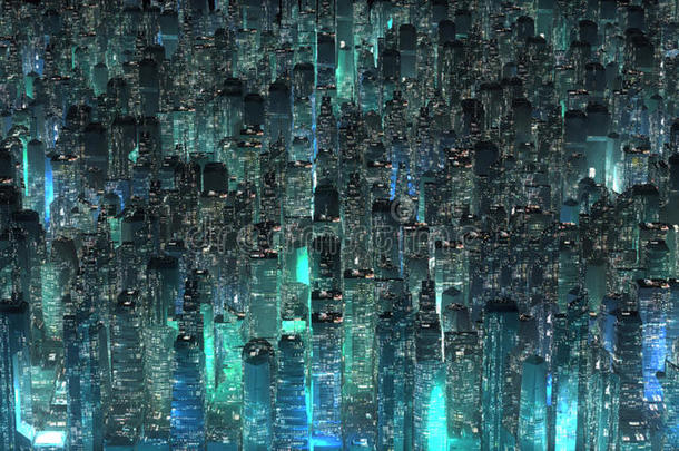 绿色的氖城市摩天大楼现代的科技观念