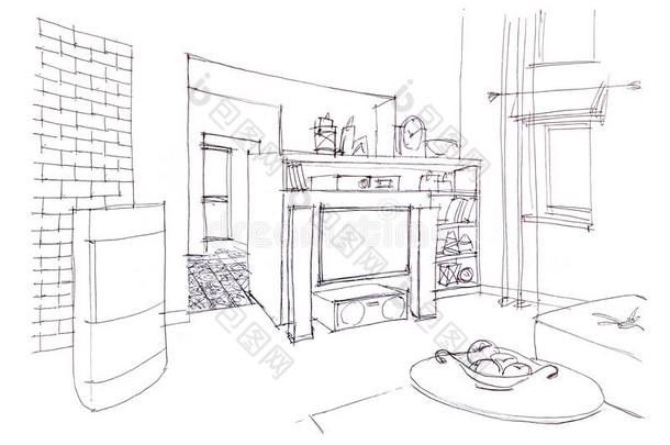 现代的房间内部.绘成图画似的草图关于活的房间和家具