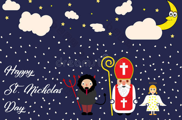 漂亮的漫画招呼卡片和圣人般的人尼古拉斯,天使和魔鬼
