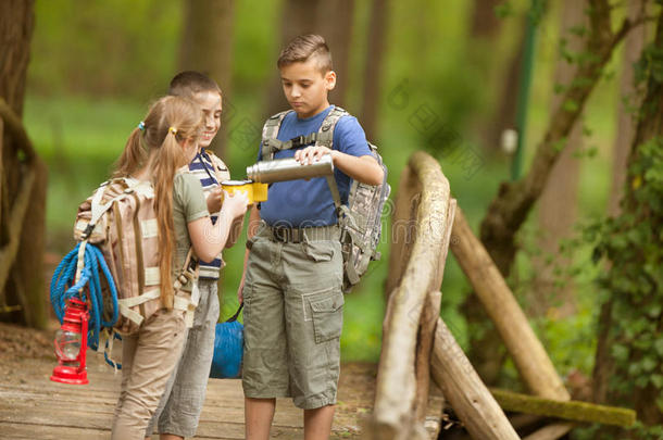 小孩侦察员旅行支票和背包徒步旅行桥采用森林