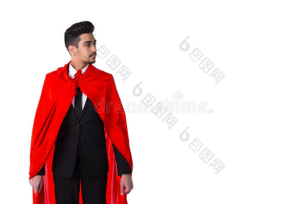 商人采用一套外衣和超级英雄红色的披风