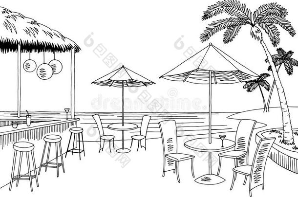 海滩咖啡馆条图解的黑的白色的风景草图说明
