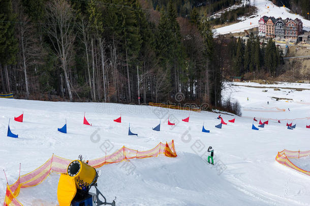 红色的和蓝色旗向滑雪后代在的时候competiti向s向一柽麻