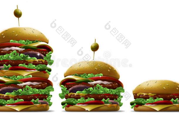 美味的漫画不同的汉堡包和橄榄和芝麻放置