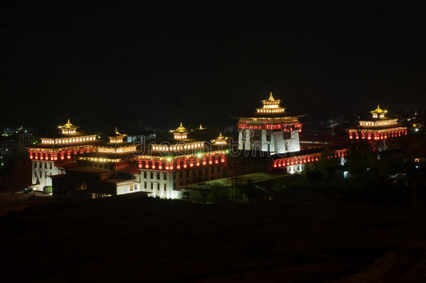 夜风景看法关于特拉西。你好德宗,廷布,不丹