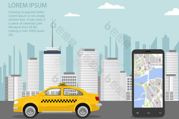 都市的城市风光照片和出租车出租车,智能手机和出租车服务苹果