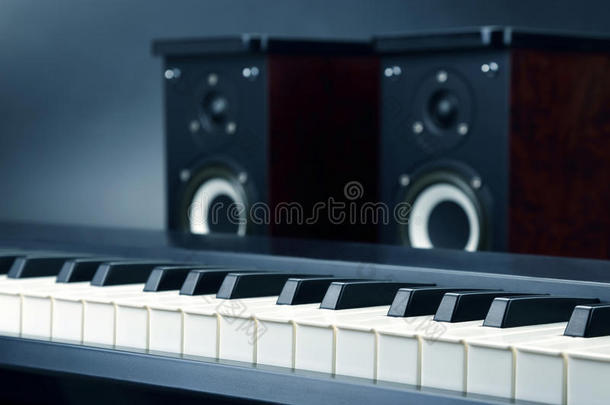 两个立体声的听觉的扬声器和钢琴调特写镜头向黑暗的后座议员