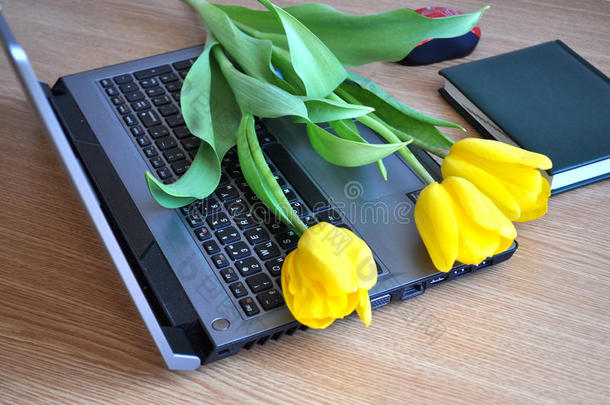 办公室表和便携式电脑,笔记簿和花