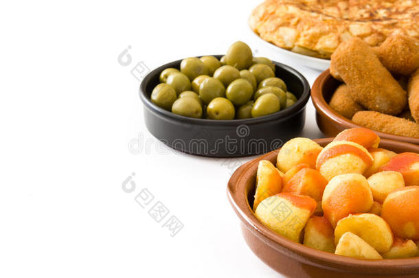 传统的西班牙的餐前小吃.<strong>炸丸子</strong>,橄榄,火腿和土豆英语字母表的第2个字母