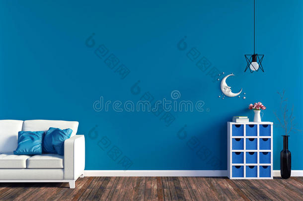 现代的蓝色活的房间内部-白色的<strong>皮沙发</strong>和蓝色wickets三柱门