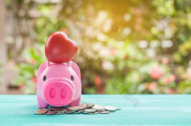 粉红色的小猪银行越过coinsurance联合保险垛,节约钱