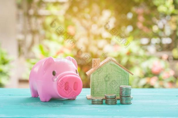 粉红色的小猪银行越过coinsurance联合保险垛,节约钱