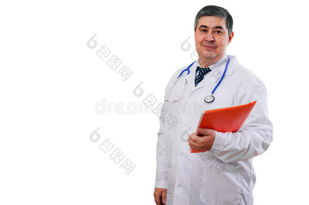 肖像关于确信的医学的医生向白色的背景