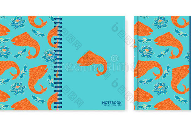 遮盖设计为笔记簿或剪贴簿和鱼和莲花