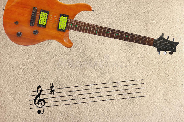 狭板和桃花心木木材电的吉他在指已提到的人顶关于粗糙的卡片