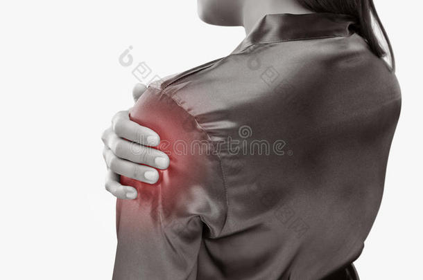 年幼的女人受苦从痛苦采用肩膀